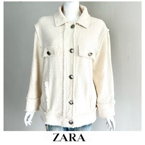 ZARA Cream Tweed Fringed Silver Button Up Front Pockets Chic Jacket Blazer Sz M